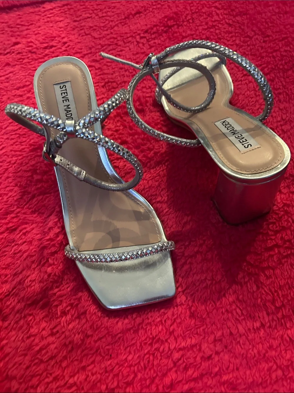 Steve Madden Metallic Silver Crystal Strap Heels